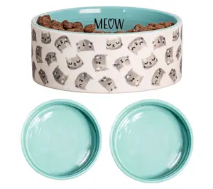10 Strawberry Street Set of 2 Cat Face PatternPet Dishes