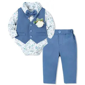 Baby Boy Clothes Suits Infant Gentleman Outfit Collared Dress Shirt+Vest+Tie+Corsage+Pants 5Pcs Baby Suit Sets
