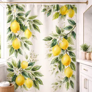 Lemon Shower Curtain, Botanical Citrus Bathroom Curtain, Fresh Fruit Floral Bath Decor, Farmhouse Spring Summer Bathroom Decoration