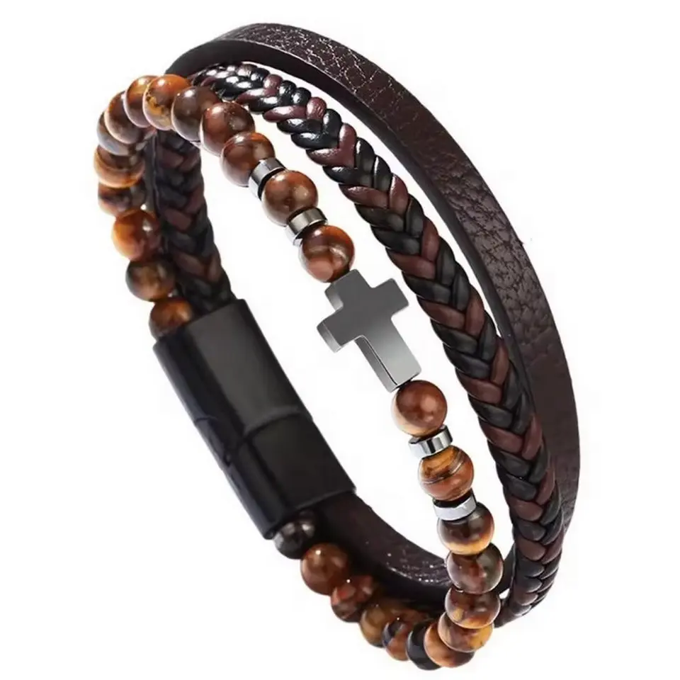 Men's Retro 8.27 Inches Black PU Leather Braided Bracelet, Double Row Beaded Cuff with Christian Cross, Inspirational Religious Engagement Gift Bangle