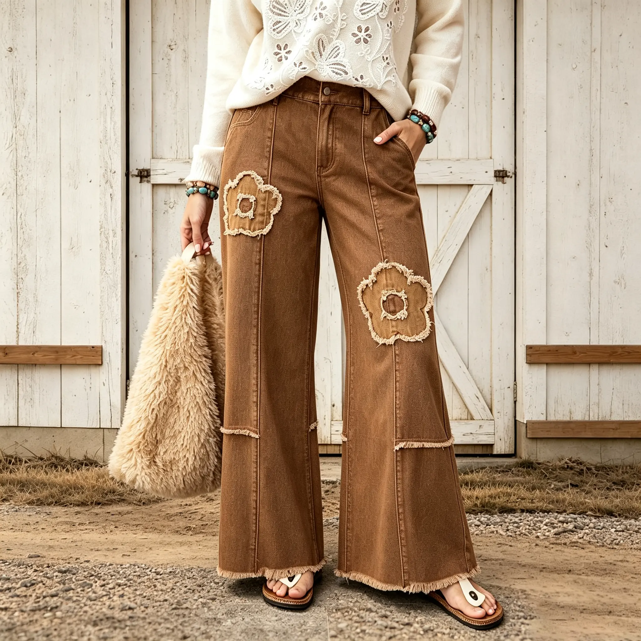 Women Fall High Waist Floral Patch Frayed Wide Leg Jeans, Vintage Brown Raw Edge Patchwork Denim Pants