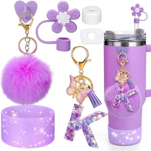 AIERSA Purple Cup Accessories Set for Stanley Cup 40 30 oz Tumbler with Handle, Cup Charms Decorations with Flower Straw Cover Topper Cap, Initial Letter Charms, Silicone Boot, Spill Stopper, Letter K