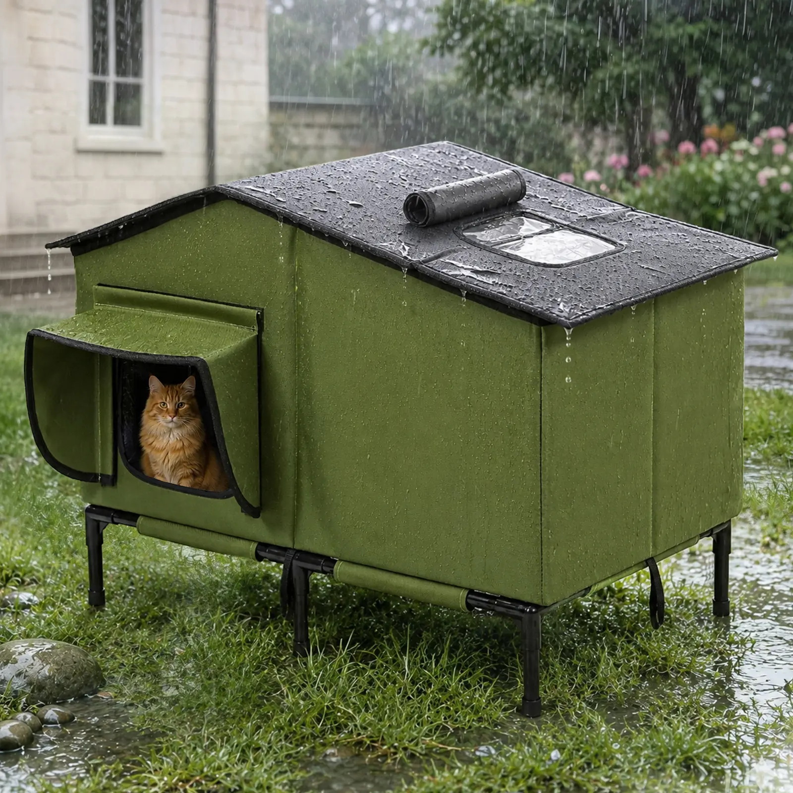 Elevated Outdoor Cat House, Extra Large Cat Shelter with Waterproof Eaves, Escape Door & Windproof stake, Feral Cat House for Multiple Cats, Cozy Cat Bed for Indoor, for Indoor and Outdoor, All-Season Fully Insulated Shelter, L, 25.6''×15.7''×22''