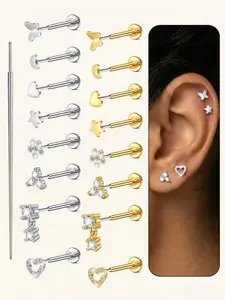 Cube Oxidized Zircon Earrings, Stainless Steel 20g Push-In Flat Back Studs, Unisex Cartilage Ear Piercings, Fashionable Versatile Jewelry Gift