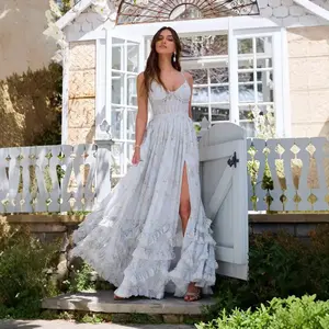 Floral Bridesmaid Dress for Wedding  V-Neck Chiffon Long Prom Dresses with Slit