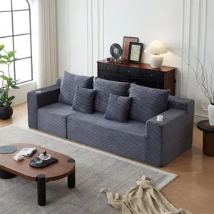 109" Modular Cloud Couch Sectional Sofa: Oversized Deep Seat Corduroy Fabric with Cup Holders & No Assembly Required - Flexible Layouts for Remote Workers Home Office & Living Room (Grey)