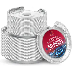 Heavy-Duty Aluminum Electric Stove Burner Covers (50 Pack) Disposable Round Foil Liners (6 & 8 Inch) Non-Stick Drip Pan Protectors Stove Top Covers Great Kitchen Accessory for Easy Cleanup