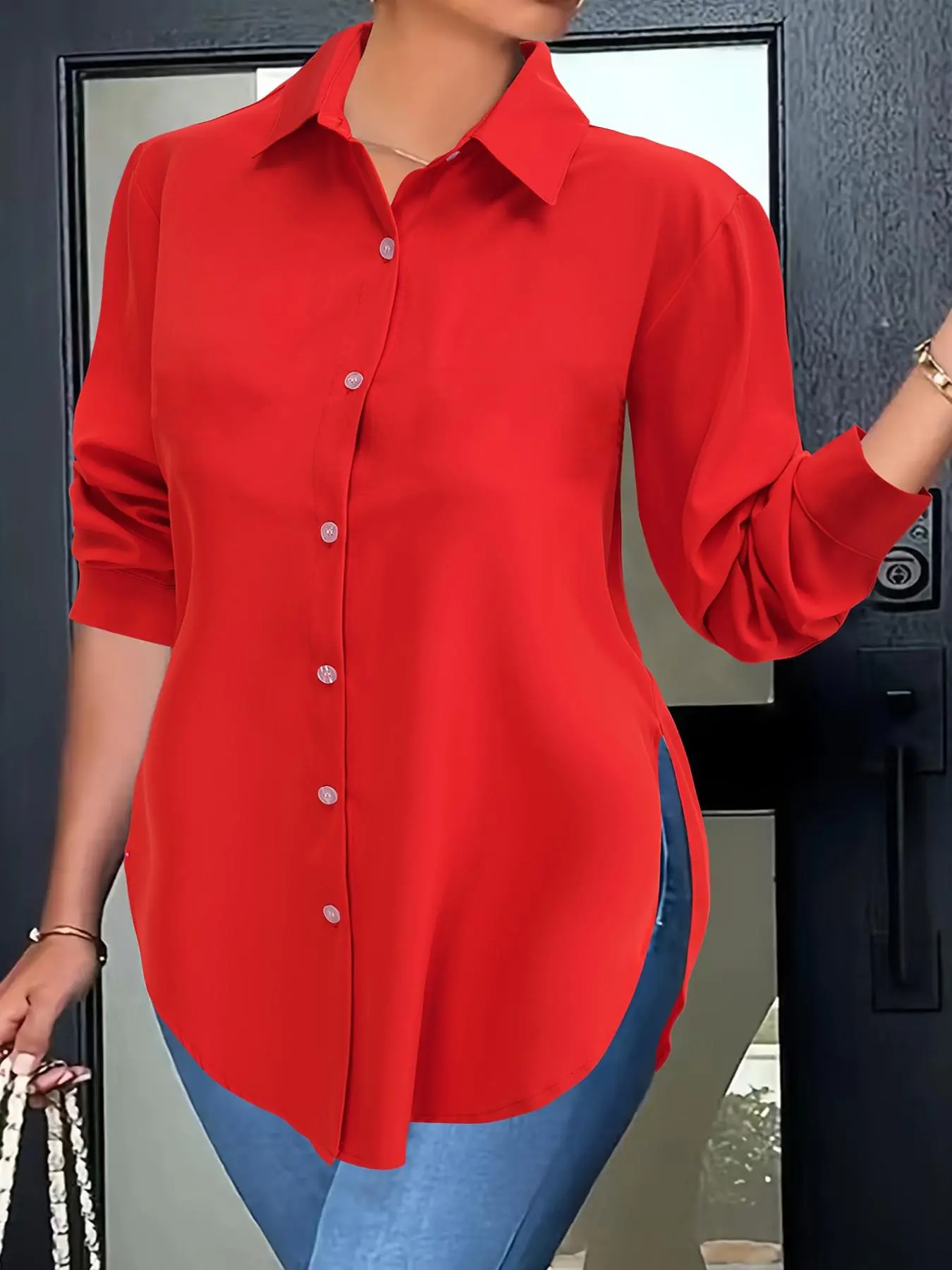 【Plus Size】 Solid Color Basic Woven Fitted Button Front Shirt Blouses, Casual Half Sleeve Top for Daily Wear, Women's Clothing for All Seasons