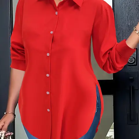 Plus Size Solid Color Basic Woven Fitted Button-Front Shirt, Casual Collared Top for Daily Wear, Women's Clothing for All Seasons, Collared Neck Blouse