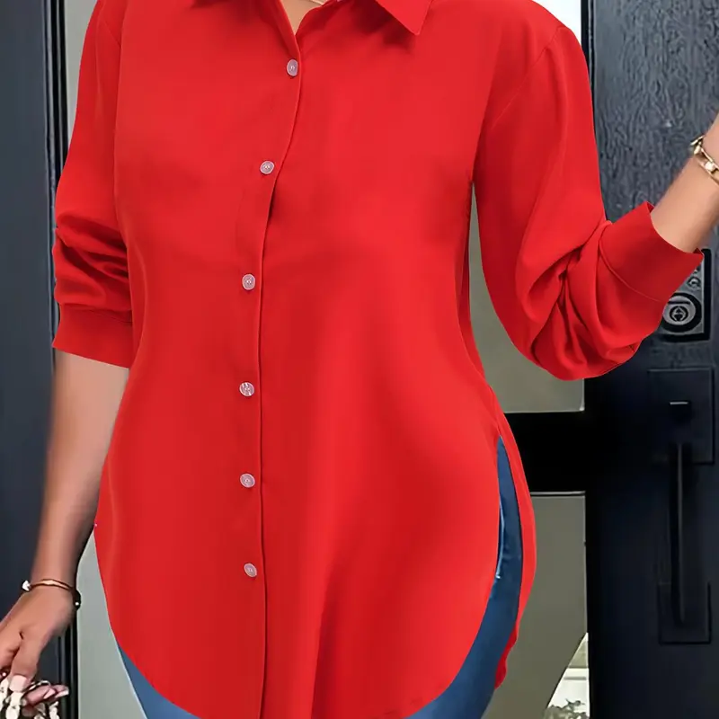 Plus Size Solid Color Basic Woven Fitted Button-Front Shirt, Casual Collared Top for Daily Wear, Women's Clothing for All Seasons, Collared Neck Blouse