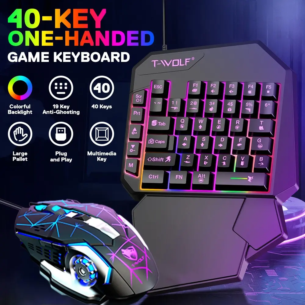2-In-1 Half-Hand Game Keyboard & Mouse Set, Wired Mechanical RGB Illuminated Keyboard with Wrist Rest, Mobile Converter for Android iOS, Lighted Mechanical Keyboard, Mechanical Gaming Keyboard, Gaming Setup Accessories