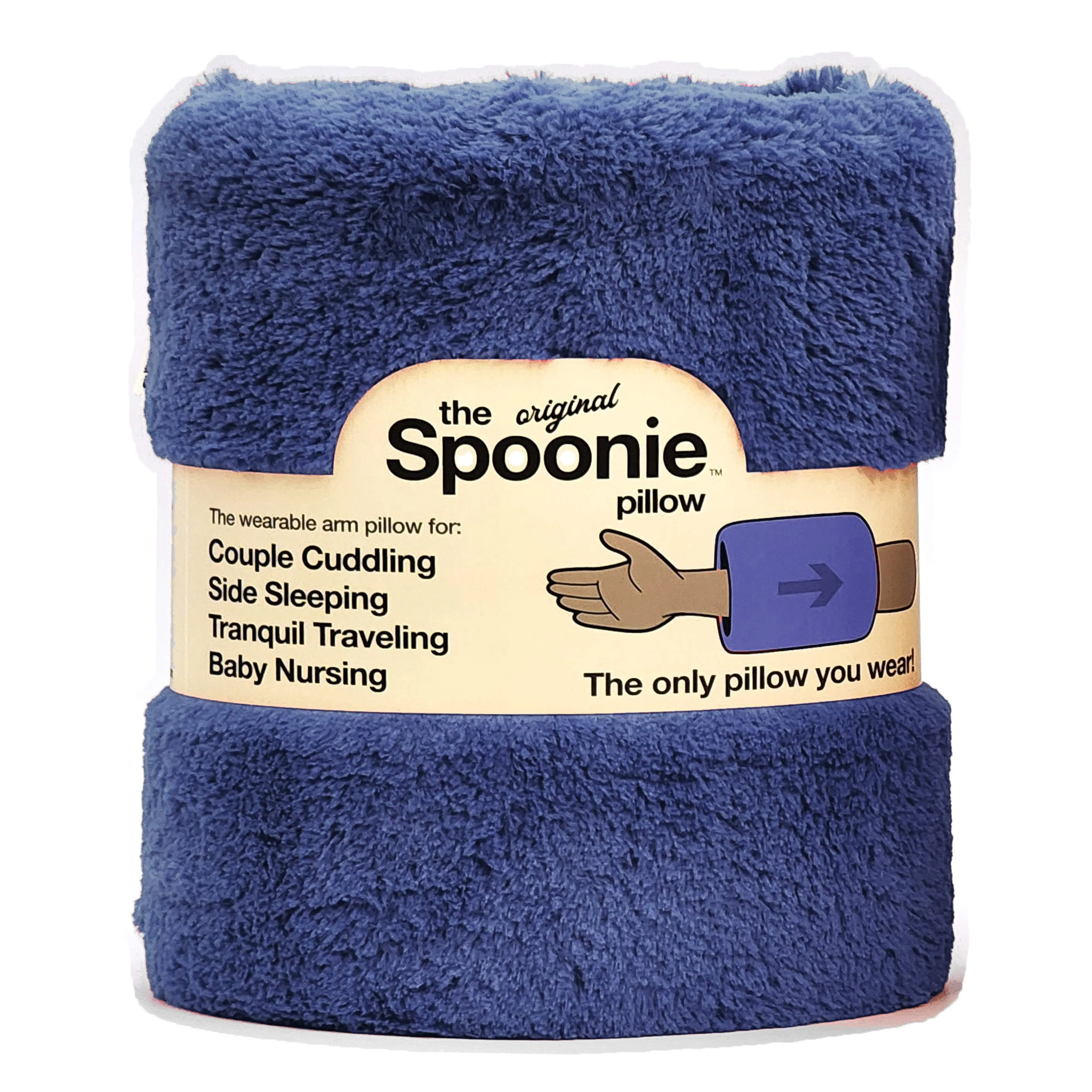 Navy Spoonie Pillow® our wearable, tubular arm pillow, slides over the hand, rests around the elbow, and cradles your head in a cushy cloud of comfort.  Made with plush fabrics and a soft cushion, never worry about dead-arm again! The Snuggle is Real