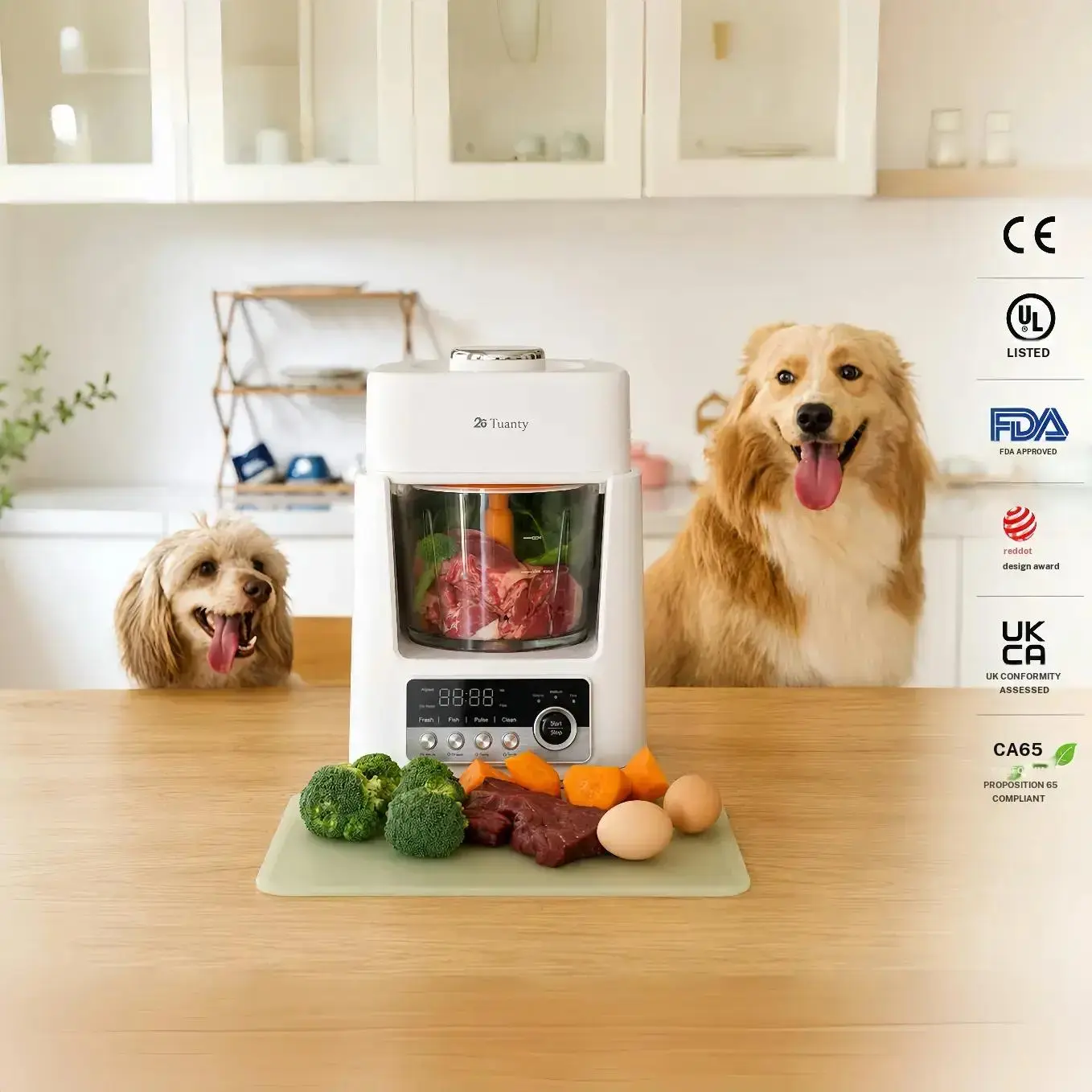 Tuanty Smart Pet Fresh Food Maker - 2L Detachable Glass Bowl All-in-1 Dog Food Cooker with Automatic Chopping, Steaming, Blending, Slow Cook, AI Guided Nutrition, Dishwasher Safe, Easy Clean, AB Power Supply for Homemade Healthy Pet Meals