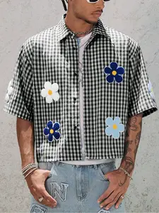 Men's Floral Embroidery Short Sleeve Shirt, Regular Fitted Casual Street Retro Checkered Gingham Graphic Button Front Top for Summer, Men's Clothes for Daily Wear