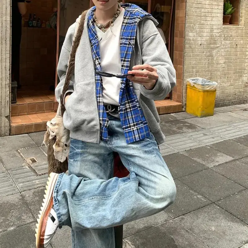 Y2K Harajuku Jacket Checkered Patchwork Sweatshirt Hoodie Men Punk Cardigan Usa Fake 2 Pcs Loose Autumn Unisex Casual Jacket New