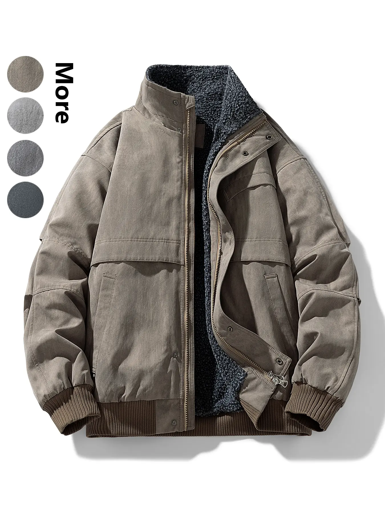 Men's Vintage Workwear Fleece Jacket, Stand Collar, Multiple Pockets, Durable Fabric, Warm Inner Lining, Fall & Winter Fashion, Coats