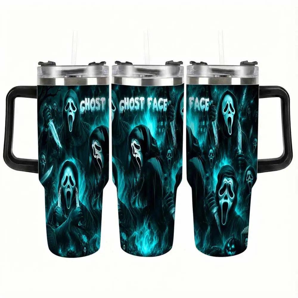 Scream Horror Movie Insulated Stainless Steel Flask - 30oz/40oz Blue Ghost Face Pattern, Leakproof Spill-Resistant Travel Drinkware with Lid and Straw for Halloween Party, Daily Commute