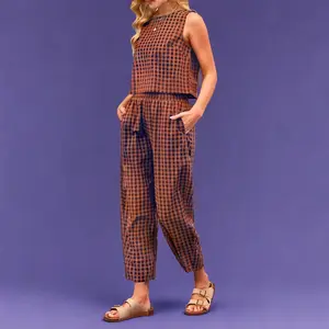 Plaid Round Neck Sleeveless Top and Pants Set Clothing Womenswear