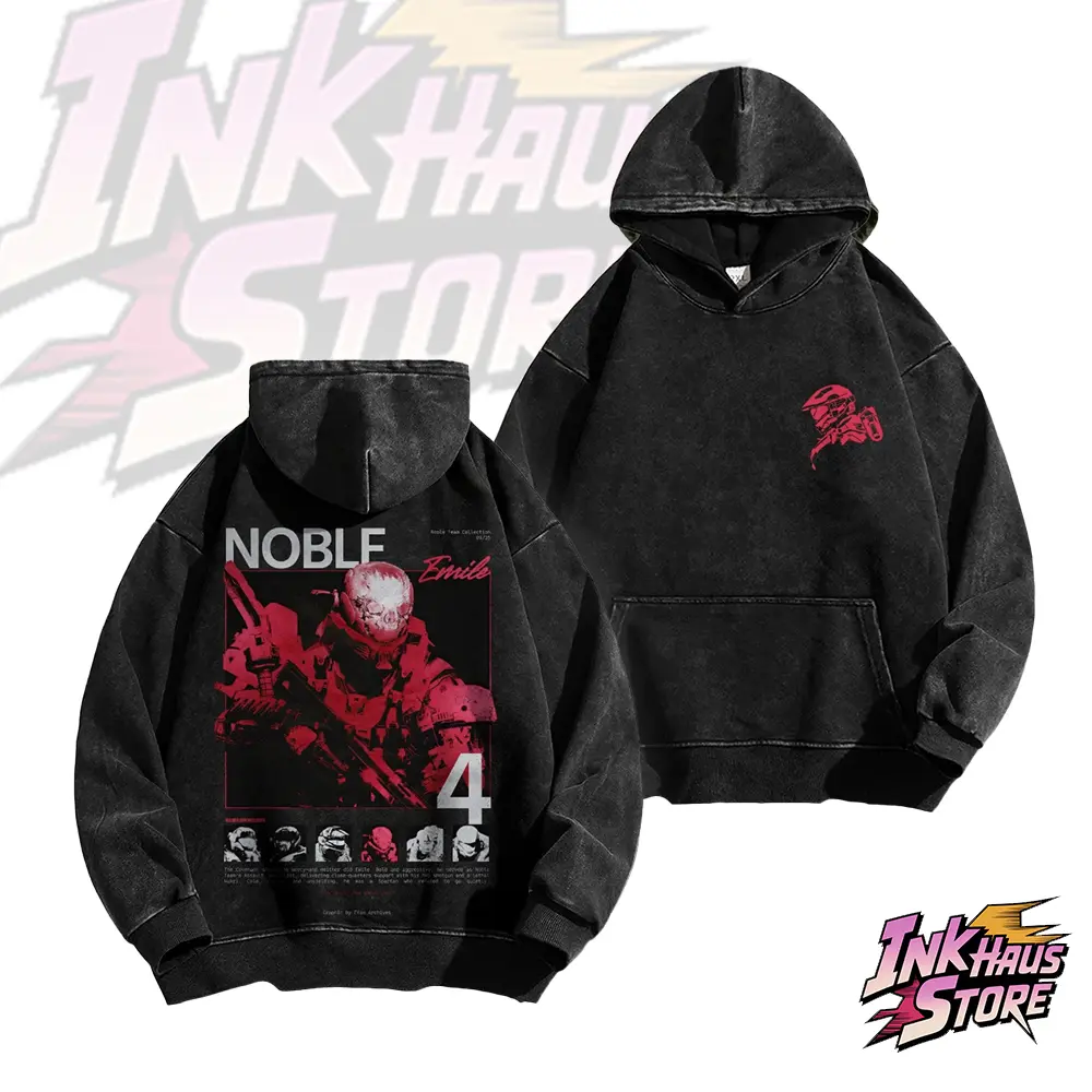 *Noble Team* design from the Halo series of games, specifically Spartan Emile-A239 (Noble 4)--Long Sleeve Cotton Unisex Vintage Hoodie