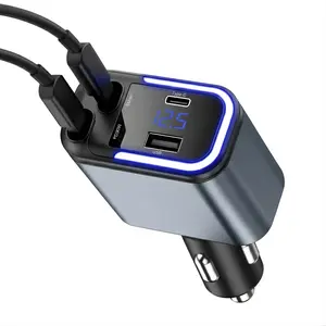 Type-C Car Charger 5-in-1 USB-C Fast Charger with Dual Retractable Cables, PD30W Super Fast Charge, LED Display, 12V-24V for Cars & Trucks, Compatible with iPhone, Samsung Galaxy, Huawei, Xiaomi, Oppo, Vivo, Android Devices