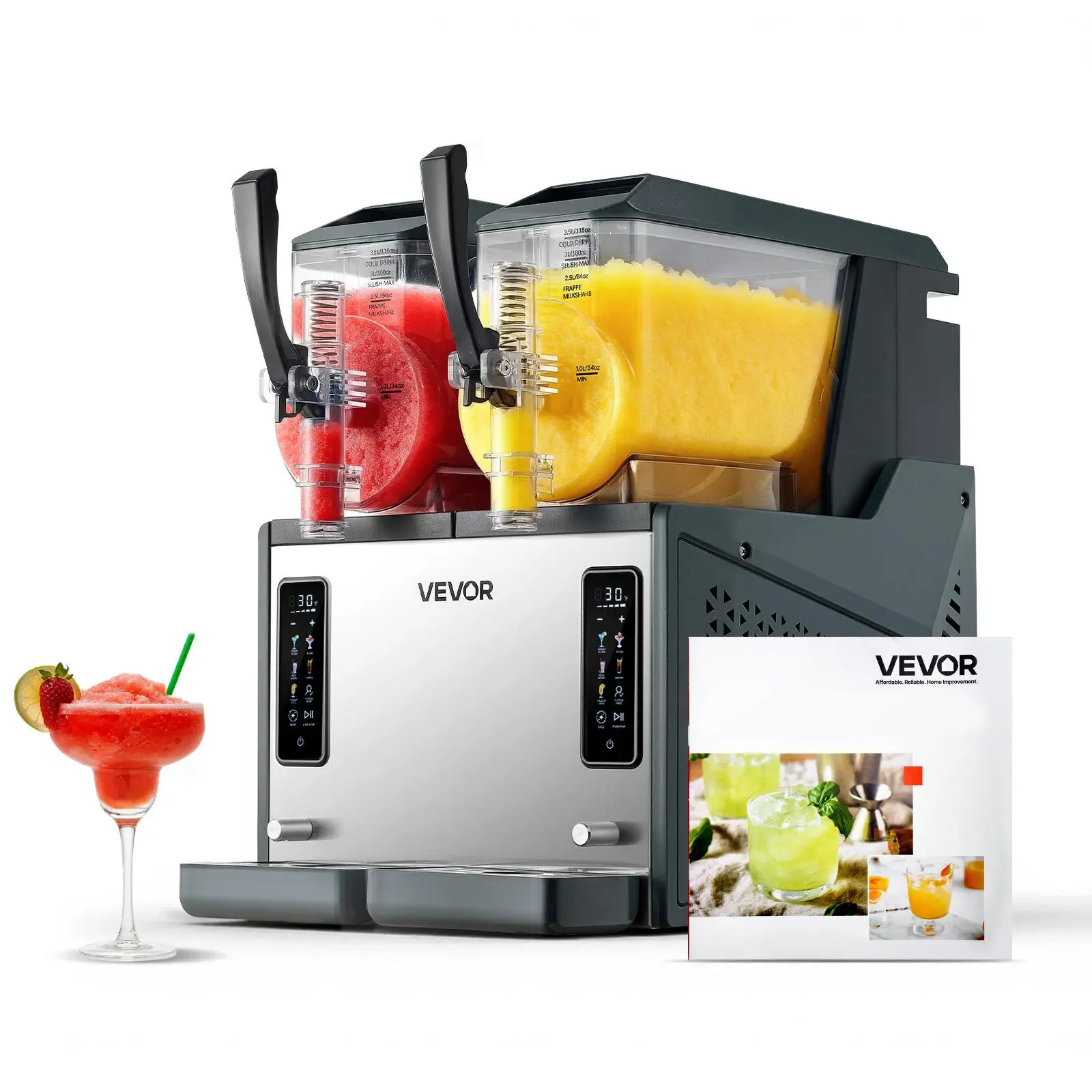 VEVOR Slushie Machine, 4L/135oz x 2 Tank Slushy Machine for Home, No Ice Needed Frozen Drink Maker, Margarita Maker with Self-Cleaning, for Frozen Margaritas, Frappés, Milkshake & More