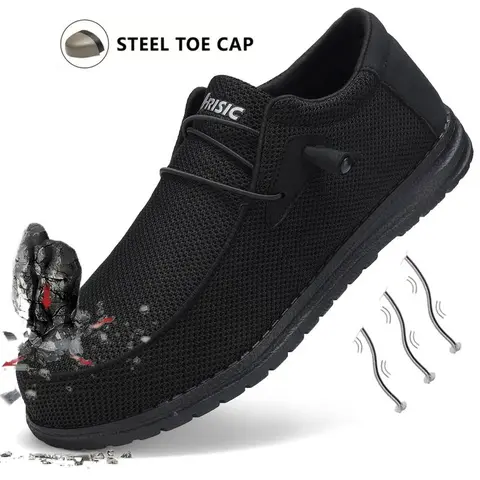 Men's Black Steel Toe Slip-On Loafer Work Shoes - Soft, Wedge, Round Toe, Lace-Free, Puncture/Smash-Proof, Slip-Resistant, Breathable, Kevlar-Lined Safety Walking Shoes for All-Seasons Industrial Construction Outdoor Workers (Protects Against Nails)