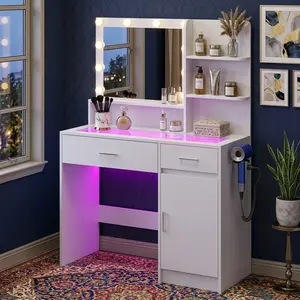 White Vanity Desk With Lighted Mirror, 40" Glass Top Makeup Dressing Table, 10 LED Lights 3/36 Adjustable Lighting Modes, Built-in USB Power Outlet With Drawers For Bedroom Girls Beauty Station