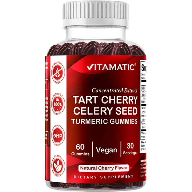 Vitamatic Tart Cherry, Celery Seed & Turmeric Gummies - 60 Count Daily Dietary Supplement, Digestive Aid, Edible Digestion Healthcare Dietary Supplement