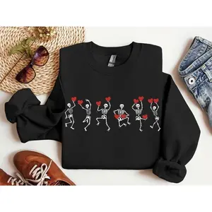 Valentine Skeleton Sweatshirt/Hoodie, Dancing Skeletons Hearts Shirt, Funny Valentine's Day Tshirt Cute Love Holiday Crewneck Trendy Women’s Gift