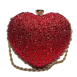 Women's Red Heart-Shaped Rhinestone Clutch Bag – Shiny Wedding Evening Bag with Chain Shoulder Strap, Formal Party Handbag