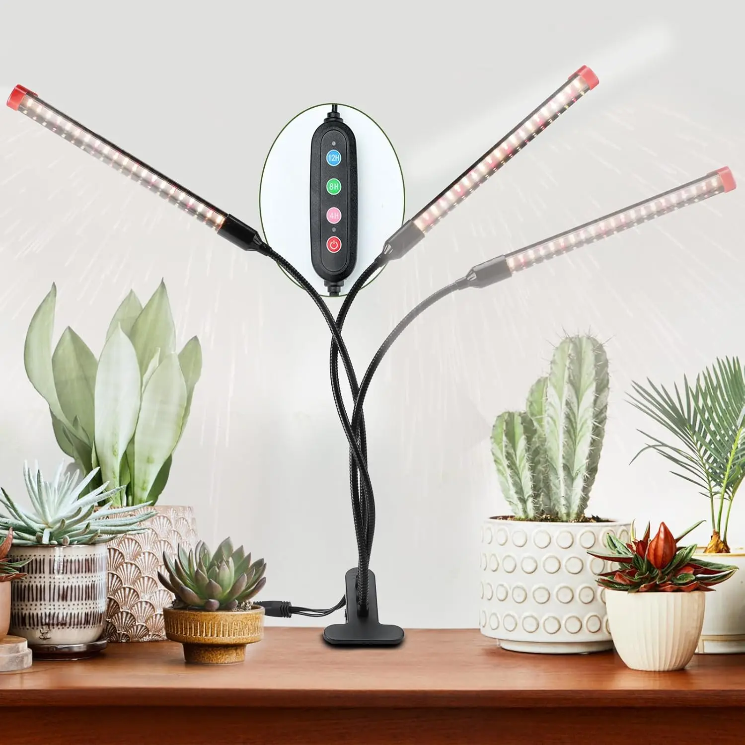 FeciDA Gamechanger! 27W Power Home Plug LED Grow Light, 3-Head Clip, 5000K White, 3000K White, 660nm Red, Timer, Full Spectrum for Indoor Plants & Bonsai
