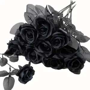 10 Black/Red Stemmed Artificial Roses - Realistic artificial flowers suitable for Gothic weddings, Halloween decorations, home/office/hotel decor, romantic room decor | Realistic Flowers | Realistic Artificial Roses, Bouquet Accessories