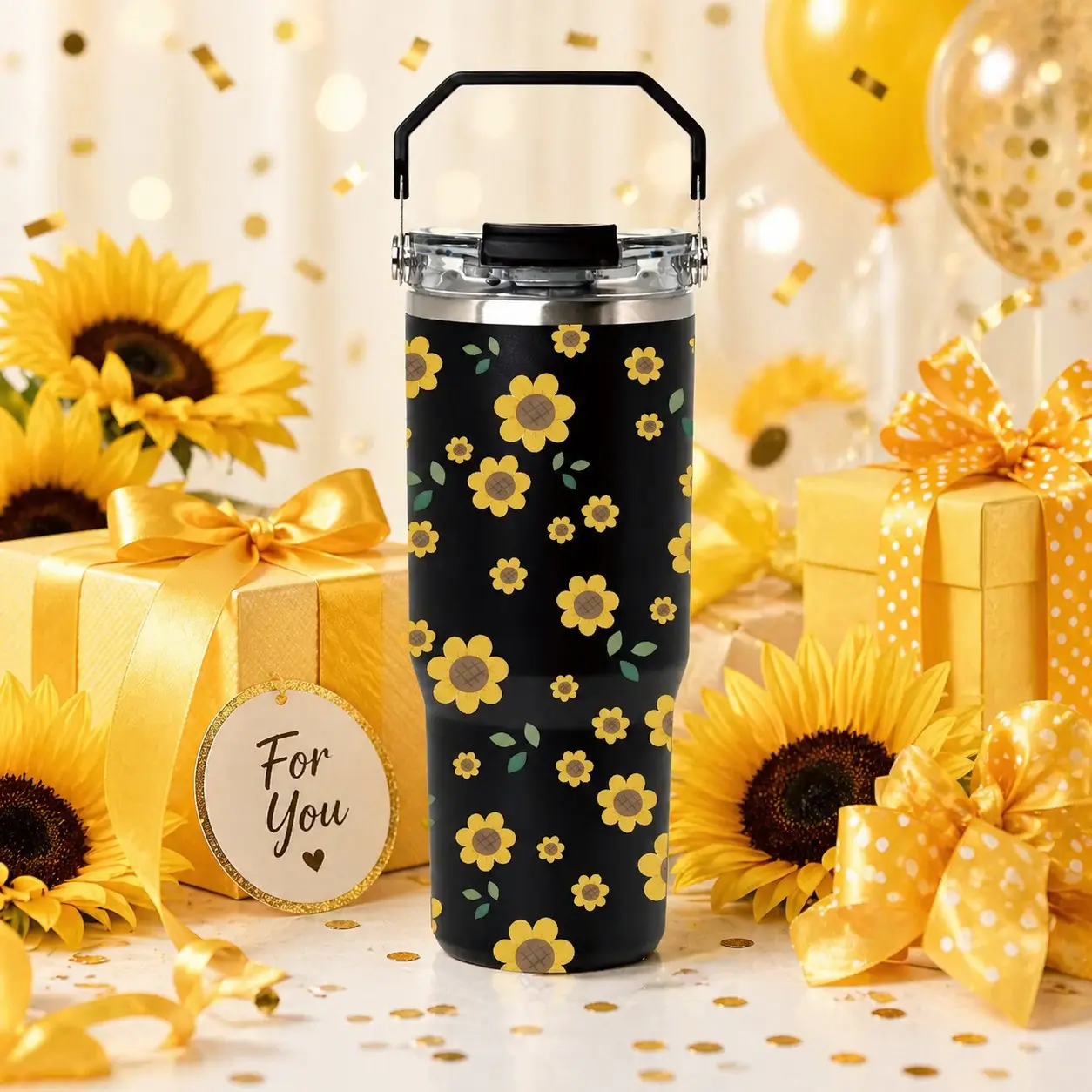 1 Pc 30oz Insulated Travel Mug, Insulated Travel Cup, Insulated Tumbler, Leakproof Tumbler, Double Wall, Leak-Proof, Hot & Cold Drinks, Sunflower Print Design, Keeps Drinks Hot for 12 Hours, Cold for 24 Hours, Trendy Gift for Women and Moms