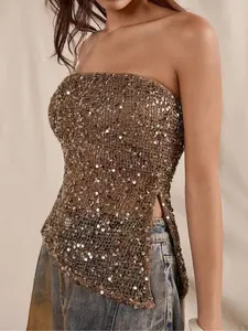 Sexy Slim Fit Backless Irregular European and American Style Sequin Tube Top for Women