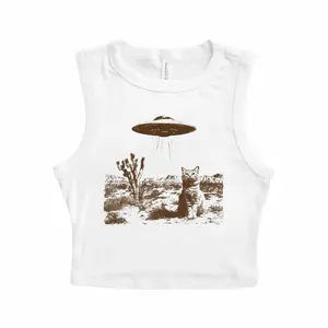 Vintage UFO Cowboy Cat Tank Top, Funny Western Crop Tank, Retro 90s Y2K Micro Ribbed Top, Rodeo Kitten Graphic Tee