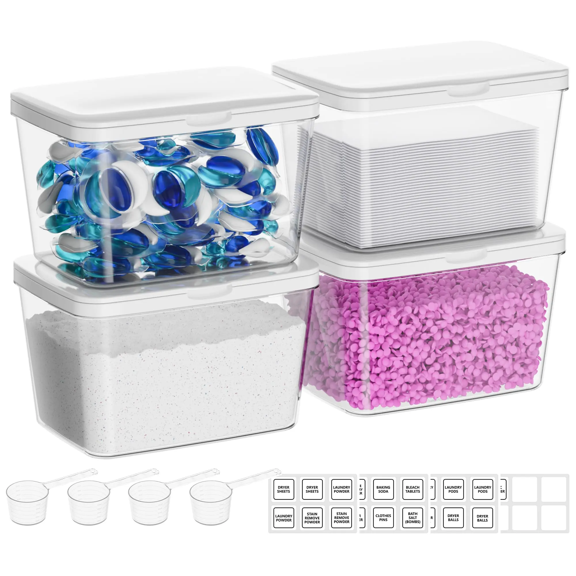 【New Arrival】Vtopmart 4 Pack Laundry Pods & Detergent Container, Dryer Sheet Holder, Clear Laundry Powder Container with Lids &Labels & Scoop for Laundry Room Organization, Stackable Laundry Room Decor Bins