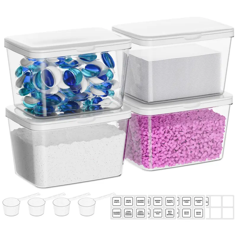 【Laundry Organizer】Vtopmart 4 Pack Laundry Pods & Detergent Container, Dryer Sheet Holder, Clear Laundry Powder Container with Lids &Labels & Scoop for Laundry Room Organization, Stackable Laundry Room Decor Bins, TikTokShopFallDealsForYou