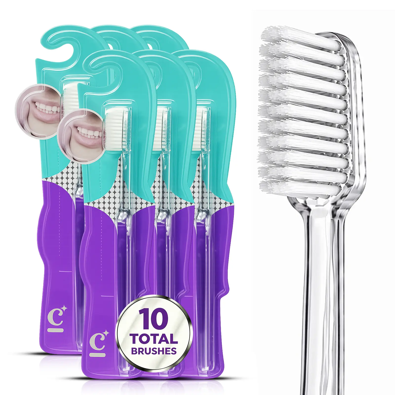 DR.CLEAN. Manual toothbrush, pack of 10, medium soft bristles, suitable for adults, deep plaque removal for sensitive teeth, daily gum health and fresh breath, travel toiletry supplies brush pod