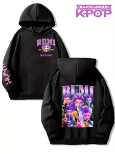 Girls Kpop Demon Hunters Cartoon Print Hoodie, Casual Comfortable Loose Fit, Spring & Fall Fashion, Multiple Colors Available, Graphic Casual Hoodie