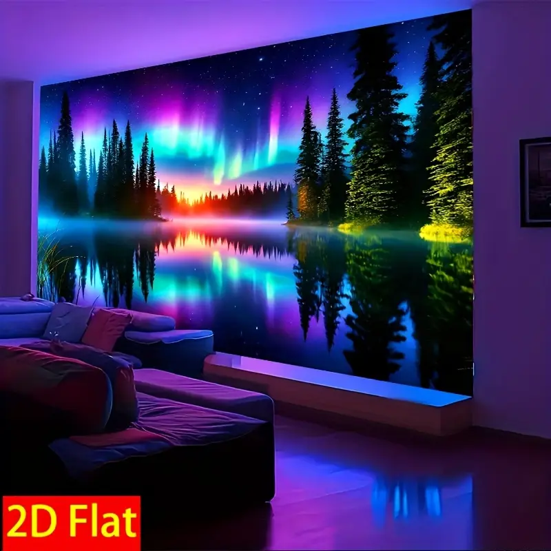 2D Flat - 2D Flat - 2D Flat Tapestry| 1pc Fluorescent Northern Lights And Lake Shadow Wall Art Tapestry - Glowing Aurora And Mystical Reflections Creating a Peaceful And Futuristic Vibe, Perfect for Living Room, Office