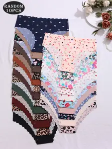 10 Piece Solid Color Printed Women's Seamless Soft Comfort One-Piece Panties, Casual Fitted Underwear for All Seasons