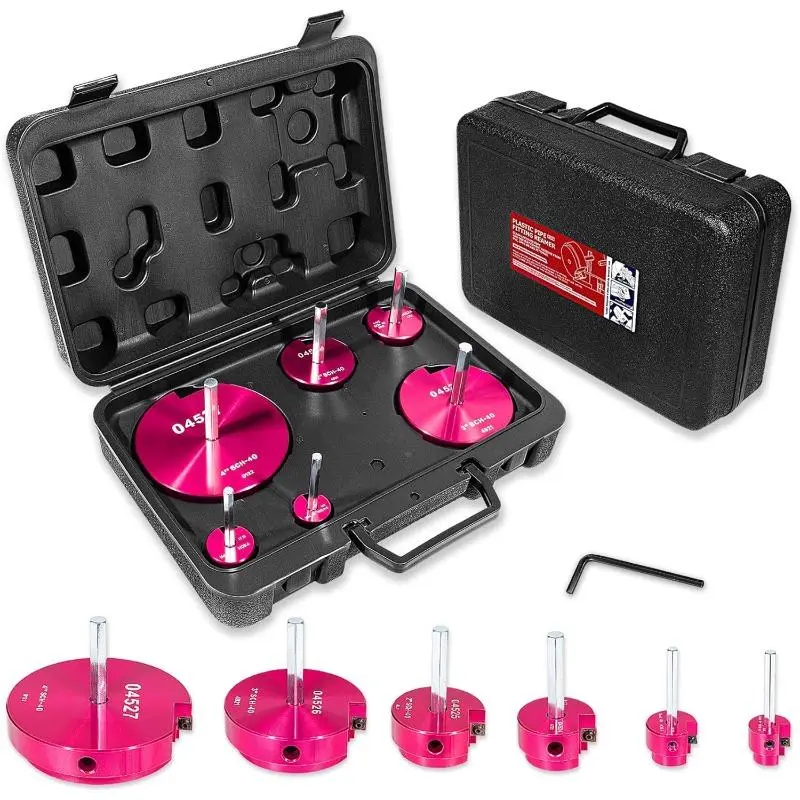 6 Piece Plastic Pipe Fitting Reamer Kit for 1/2" Drill, Includes 0.75", 1", 1.5", 2", 3", 4" Reamers, Carbide Cutting Inserts, For PVC, CPVC, ABS Pipe Fittings