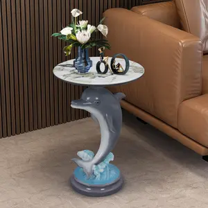 Nautical Dolphin Side Table - Ocean Themed Pedestal End Table with Blue Wave Base - Coastal Decor for Sunrooms & Beach Houses
