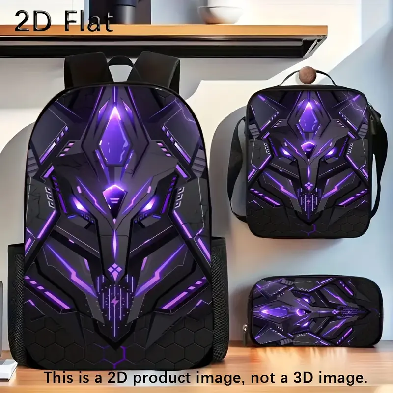 Kids' Sci-Fi Mecha Robot Backpack Set for Gamers, 3-Piece Oxford Cloth School Bag with Glowing Print and Insulated Lunch Bag, Back To School Haul, Snacks, Top Handle, School Lunches