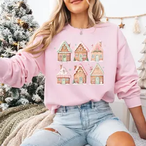 Gingerbread House Sweatshirt, Pink Christmas Sweater, Women's Holiday Sweatshirt, Christmas Matching Shirt, Christmas Cookie Sweater