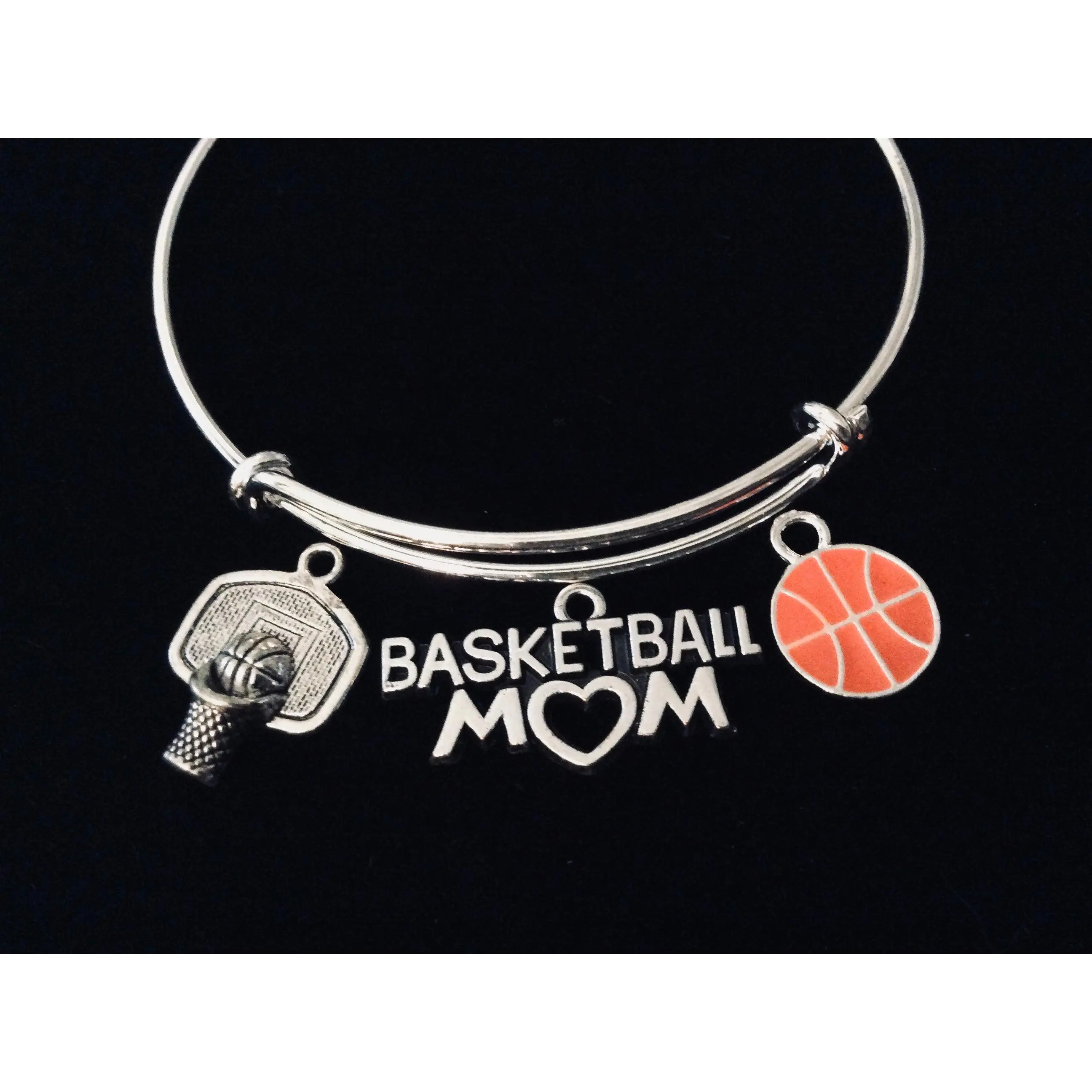 Basketball Mom Jewelry Expandable Silver Charm Bracelet Adjustable Wire Bangle One Size Fits All Gift Trendy Basketball Hoop