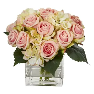 Nearly Natural Rose & Hydrangea Bouquet Arrangement in Vase