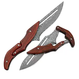2 Styles Folding Knife - Damascus/Stainless Blades - Rosewood/Steel Handles - Sharp Fruit Knife - Camp Multifunctional Outdoor Stone Wash