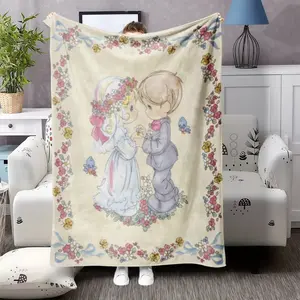 Cozy Flannel Blanket with Warm Floral & Cartoon Character Patterns High-Definition Digital Print for Home Decor Throw Nap Sofa Blanket
