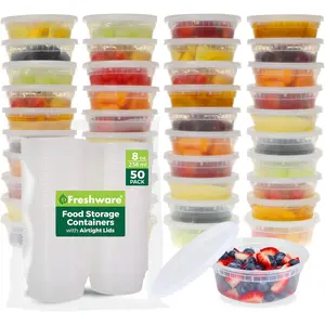 Food Storage Containers [50 Set] 8 oz Plastic Deli Containers with Lids, for Slime, Soup, Meal Prep | BPA Free | Stackable | Leakproof | Microwave/Dishwasher/Freezer Safe